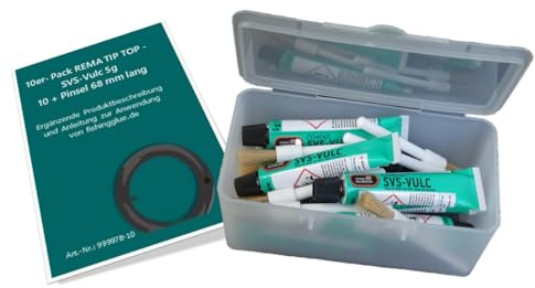 fishingglue.de Gummilösung/Vulkanisierlösung SVS-VULC, 10er-Pack | Set mit 10 Tuben TIP TOP SVS-VULC 5g/ 7ml und 10 Pinseln 68 mm lang, Made in Germany!