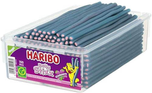 Haribo Balla Stixx Himbeere – 150 Stück in Vorratsdose (1,125 kg) – Fruchtige Kaustangen mit Füllung – Perfekt für Partys, Kiosk & Großverbraucher