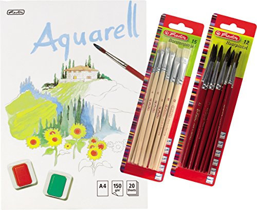 Herlitz 495457 Aquarellpapier, Aquarellkarton, A4, 150 g/qm, 20 Blatt / Kombi-Set (6 Blöcke + 12 Haarpinsel + 15 Borstenpinsel)