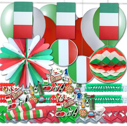 Italien Deko Set Grundausstattung - italienische Dekoration mit Flagge Motiv & grün-weiß-roten Partyartikel - für italienischen Abend, Nationalfeiertag, Bella Italia Mottoparty & Länderdekoration