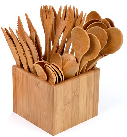 GRÄWE Lot de 41 couverts en bambou pour 10 personnes - Couverts en bois dans une boîte en bambou, respectueux de l'environnement, biodégradables