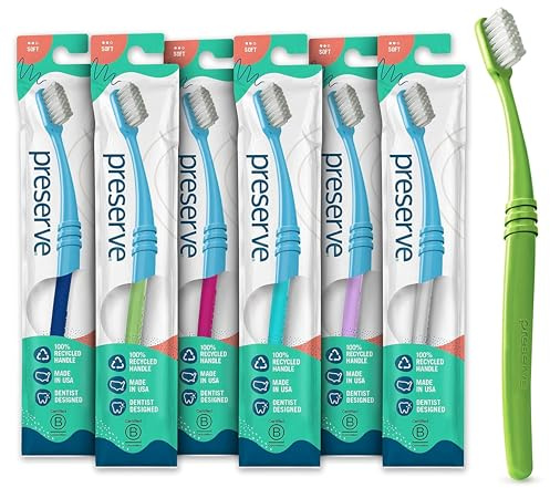 Preserve Eco Friendly Adult Toothbrushes, Made in The USA from Recycled Plastic, Lightweight Package, Soft Bristles, Colors Vary, 6 Pack