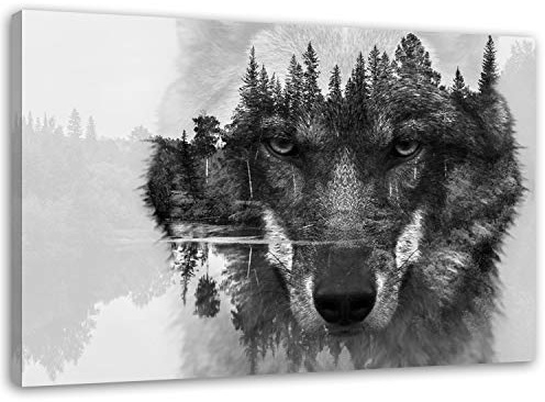 Feeby Bilder Wolf 40x30 cm Wohnzimmer Schlafzimmer Büro Flur Küche Wandbilder Modern Bild auf Leinwand Wanddekoration Kunstdruck Design Schwarz Weiß