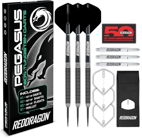 Röd drake Pegasus 24 gram professionellt dartset med volframstålspetsar med flygningar, stjälkar (axlar) och plånbok