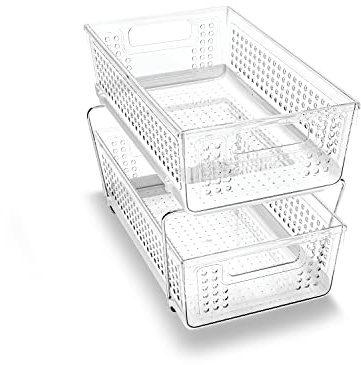 madesmart 2 Tier Organizer, Under Cabinet Storage with Pull Out Sliding Drawers, for Cleaning Supplies, Undersink Storage, Sponges, Bottles & Bath, Adjustable Dividers & Pull Out Baskets, Clear