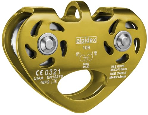 ALPIDEX Tandem Pulley 20 kN | Standard EN12278 | Ball Bearings | Double Pulley | Steel Ropes up to 12 mm Ø | Textile Ropes up to 13 mm Ø | Double Rope Pulley System, Colour:gold