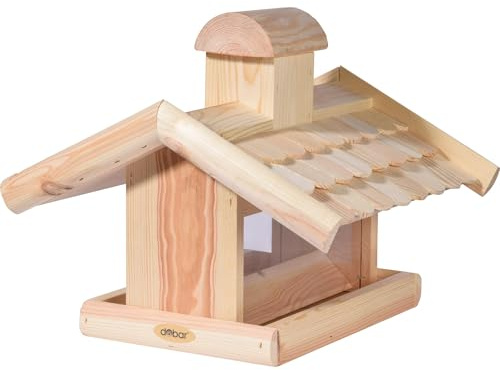 dobar® 21277e Large Bird Feeder with Feeder Silo - Solid Wood Bird House - Bird Villa with Wooden Shingle Roof - Bird Feeder for Stand Mounting - 38 x 38 x 30 cm - Natural