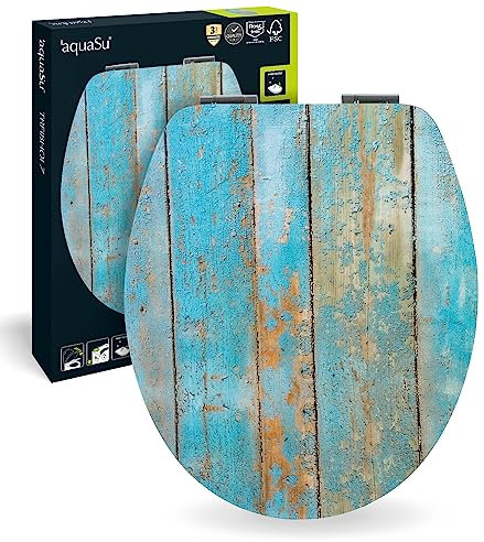 aquaSu® WC-Sitz mit Absenkautomatik, Dekor Treibholz, High-Gloss Toilettensitz mit Holzkern, Fast-Fix Schnellbefestigung, Standard O Form universal, Toilettendeckel glänzend, 40193 7