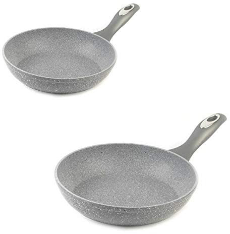 Salter COMBO-6449 Marblestone 2-Piece Frying Pan Set – 20/24 cm Non-Stick Fry Pans, Induction Hob Suitable Cooking Pans, Forged Aluminium Cookware, Omelette/Egg/Pancake Pan, Little/No Oil, Grey