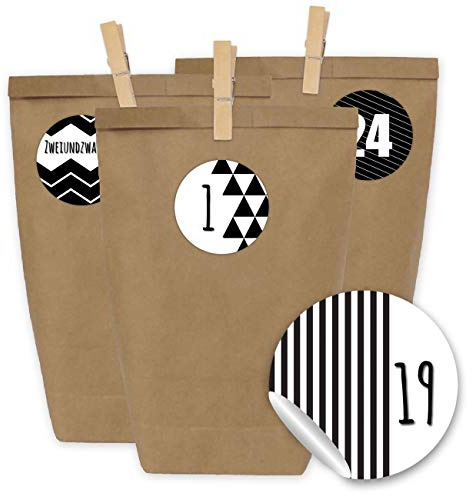 Papierdrachen Adventskalender zum Befüllen - 24 Geschenktüten und 24 Zahlenaufkleber und Klammern - Motiv Schwarz Weiß Geometrisch - zum Befüllen und Basteln - Weihnachten - Mini Set Nr 4