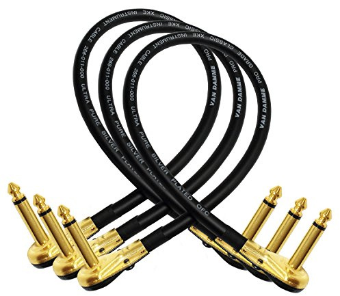 WORLDS BEST CABLES, Van Damme Pro Grade Classic XKE, Patchkabel, 38 cm, ultraflexibel, geschützt, hervorragende Qualität, für Gitarre/Bass/Effektgerät, hochwertig,vergoldet, 6,35 mm, unauffällig, rechwinkige „Pancake“- Anschlüsse Typ TS, 3 Stück