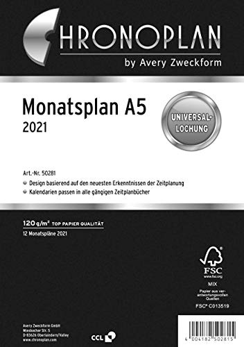 Chronoplan 50281 Kalendereinlage 2021, Monatsplan A5 (148x210mm), Ersatzkalendarium, ideal für übersichtliche Monatsplanung, Multilochung (zum Ausklappen), weiß