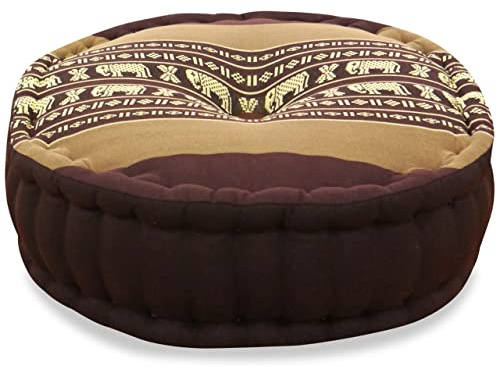 livasia Meditationskissen - Ø 38x15cm - Yogakissen mit Kapokfüllung, Pouf, Bodenkissen rund für Yoga und Zen Meditation, Zafukissen für Garten und Balkon, Sitzkissen handgemacht (Braun/Elefanten)