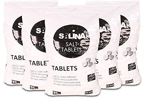Salina Regeneriersalz 5 x 25 kg | Salztabletten für Enthärtungsanlagen | Wasserenthärter für Pools Schwimmbäder Sauna | Hochreines Enthärtersalz