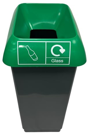 Chabrias Ltd 50 Litre Recycling Bin with Green Lid for Glass Waste, Durable Plastic Waste Bin with Open Top, Glass Recycling Logo Sticker Included, Ideal for Home, Office & Canteen