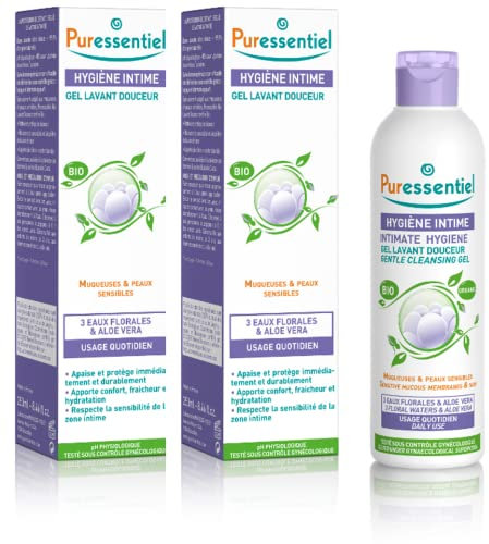Puressentiel - Hygiène Intime - Gel Lavant Douceur aux 3 eaux florales et à l'aloé vera - Bio - Hypoallergénique - Usage quotidien pour muqueuses et peaux sensibles - Lot de 2x200ml