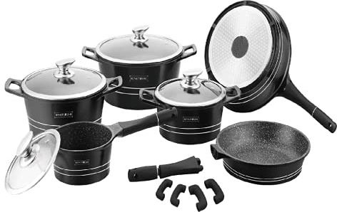 ROYALTY LINE SET 14 PEZZI IN PIETRA PENTOLE PADELLE e COPERCHIO LAVICA ROY, PER USO PROFESSIONALE E DOMESTICO, MODELLO RL-ES1014M - NERO