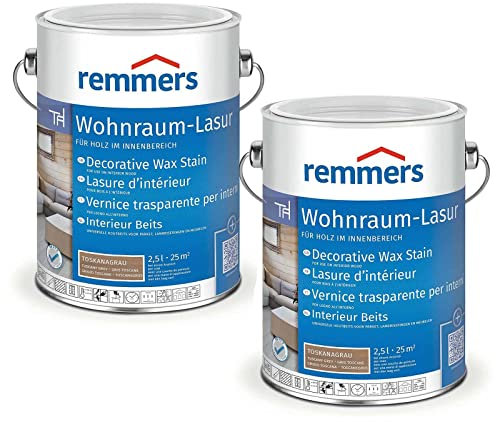 Remmers Spar-Set 2x Wohnraum-Lasur toskanagrau, 2,5 Liter, Holzlasur innen, für Möbel, Böden, Innentüren und Treppen geeignet, mit Abperleffekt
