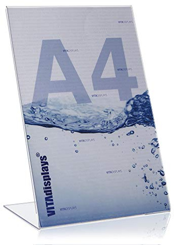 VITAdisplays® Présentoir publicitaire en L en format portrait, support de table en Plexiglas® Paquet de 10 Format A4 Transparent