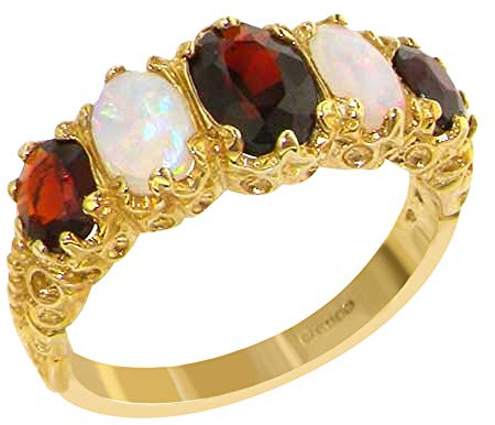 Englisch Damen-Ring solide 9 Karat Gold Gelbgold Granat & Opal - Verfügbare Größen : 50 bis 64