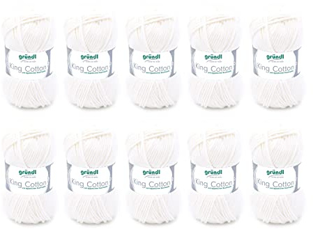 Gründl King Cotton (mjukt och voluminöst stick- och virkgarn tillverkat av 55% polyakryl och 45% bomull, 50 g/78 m, nåltjocklek: 6–7, 10 x 50 g), gräddvit
