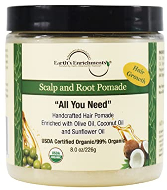 Earth's Enrichments Organic Pomade - Hair Food for Growth, Contains Tea Tree, Rosemary, Lavender Oil, Natural Hair Grease for Thick, Straight, Curly, Wavy, Thin Hair, Women, Men, Kids, USDA, 8oz