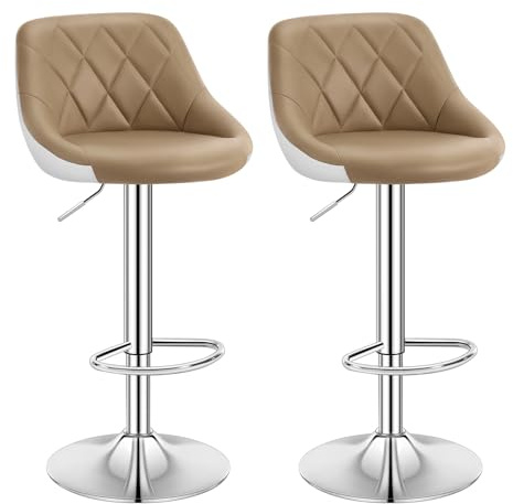 WOLTU Taburetes Cocina, Set de 2 Taburetes Altos Bar, Silla Giratoria PU con Reposapies, Taburete con Respaldo y Base Redonda de Metal, Caqui