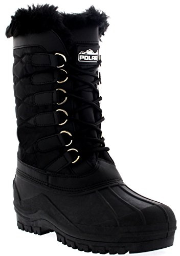 Polar Womens Snow Boots - Waterproof Nylon Knee High Winter Boots - Fur Lined Outdoor Footwear - Warm Lace Up Wellies - Cold Weather Shoes - Black - UK7/EU40