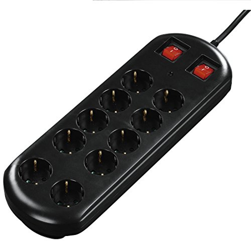 Hama Steckdosenleiste 10-Fach (Überspannungsschutz, Zwei Schalter zur Gruppenschaltung, Ösen zur Wandmontage, Kabelorganizer, 45° gedreht, max. 3500 W, 2 m Kabel) schwarz