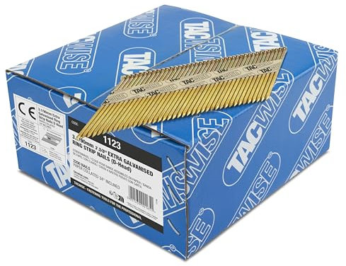 Tacwise 1123 Extra Verzinkte Rahmennägel 3,1 / 90 mm, D‘-Kopf, Ringschaft, mit 34° Neigung, Papiergebunden, Packung mit 2200 Stück