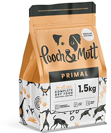 Pooch & Mutt - Primal High Protein Grain Free Dry Dog Food (Regular Sized Kibble), Lamb and Ostrich with salmon and chicken Flavour, 1.5kg