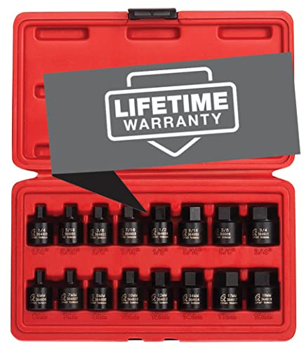 Sunex 3646, 3/8 Inch Drive Low Profile Impact Hex Driver Set, 16-Piece, SAE/Metric, 1/4 Inch - 3/4 Inch, 6mm - 19mm, Cr-Mo Steel, Dual Size Markings, Heavy Duty Storage Case, Meets ANSI Standards
