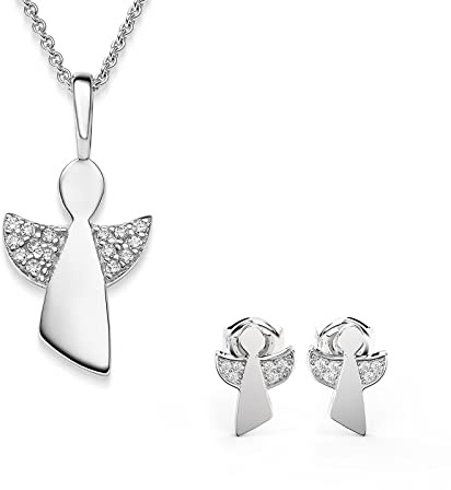 Mädchen Schutzengel Schmuckset aus Silber 925, Engel Kette und Ohrstecker | mit Zirkonia, Geschenk Set mit Gravur zur Kommunion und Taufe