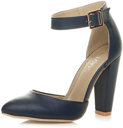 AJVANI Womens Ladies high Block Heel Cuff Ankle Strap Buckle Pointed Court Shoes Pumps Sandals Size.