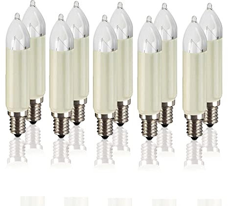hellum Ersatz-Kerzen 10 Stück 16V 4W Schaftkerze für Weihnachtsbaum Kerzen Lichterketten innen und außen mit 15 Brennstellen, Birnen für Lichterbogen E14/ 16V/ 4W/ 34 Lumen 905007