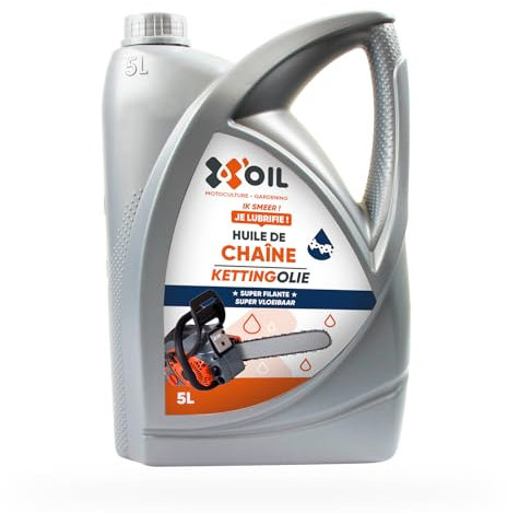 X'OIL - Huile Chaîne Tronçonneuse - Pour Chaînes et Guides - Haute Performance - Anti-Usure - Super Filante - Indice Viscosité 97 - Viscosité Cinématique de 100mm²/s à 40°C - Bidon de 5 L