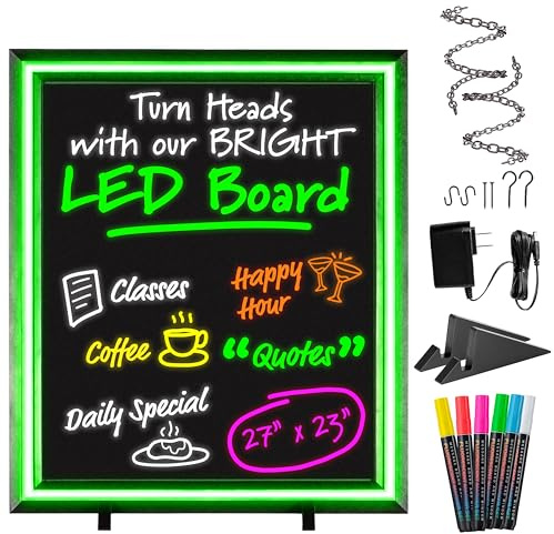 Green Light Innovations LED Writing Message Board 23x27 – Illuminated Erasable Neon Chalkboard Sign with Remote & Markers – Light Up Menu Board for Restaurants, Bars, Food Trucks & Classrooms