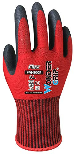 Wondergrip - Flex - WG-500R Safety Gloves - Single Nitrile Coating - DuaLiner Technology - High Grip & Ergonomic Fit - For Dry-to-Oily Conditions - Red - Large