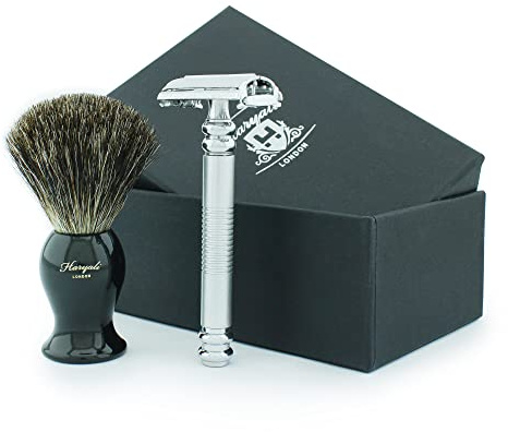 Haryali London Hand montiert silber Double Edge Butterfly Rasierhobel & Schwarz Badger Rasierpinsel.