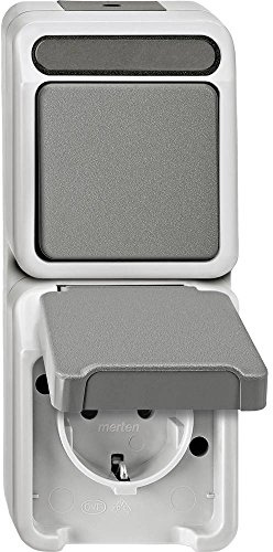 Schneider Electric Merten Schuko-Steckdose mit Taster, 1-Fach, MEG3497-8029 | Mit Berührungsschutz, Aufputz, Aquastar, IP44, lichtgrau