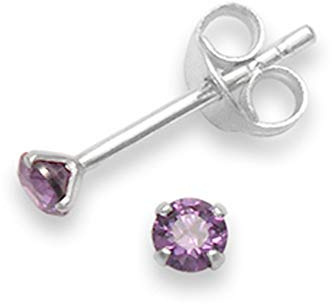 Heather Needham Sterling Silver Cubic Zirconia Stud Earrings - Size: 3mm, Tiny & Discreet, Gift Boxed, Purple CZ, 5550PP