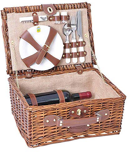 Les Jardins de la Comtesse - Picknickkorb Saint Michel aus honigfarbener Weide - Komplett Für 2 Personen - Porzellanteller und Weingläsern/Beige Stoff - 38 x 28 x 18 cm