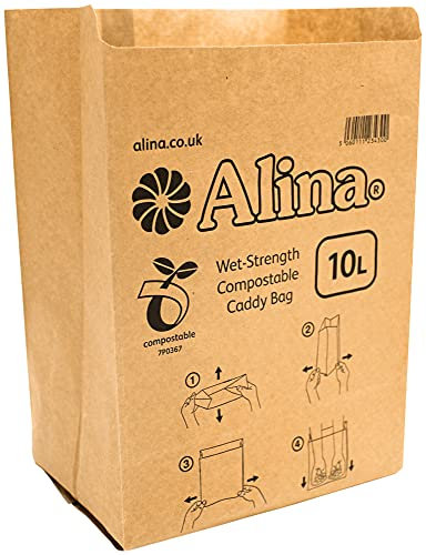 Alina 150 x 10L Compostable Paper Caddy Bin Bag/Food Waste Bin Liner/Biodegradable Brown 10 Litre Paper Sack (150 bags)