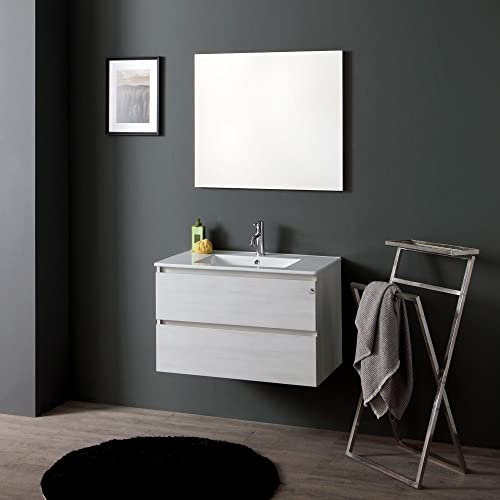 Kiamami Valentina - Mobile Bagno Sospeso 80 cm | Lavabo in Ceramica | Due Cassetti Ammortizzati | Specchio Reversibile | Mobile Lavabo 80 CM, Finitura grigio chiaro Promenade, assemblato