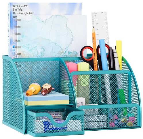 EasyPAG 7 Fächer Metall Schreibtisch Organizer Stiftehalter Stiftköcher Vielseitig Utensilienschalen Büro Organisation Zubehör Ablage mit Schublade,Türkis