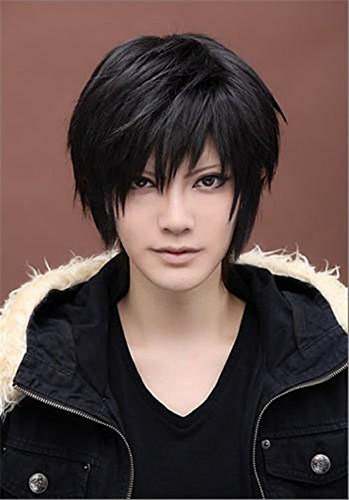 Sawekin Herren Schwarz Kurz Perücke 28cm Kunsthaar Kurzhaar kurze Perücke Anime Cosplay fuer Party Kostüm Gerade Schwarz