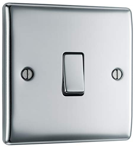 BG Electrical Single Intermediate Wall Light Switch, Raised and Slim Profile, Round Edges, Nexus Metal, Polished Chrome, 20A, 16AX, NPC13