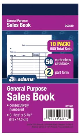 Adams General Purpose Sales Book, 2-Part, Carbonless, White/Canary, 3-11/32 x 5-5/8, 50 Sets per Book, 10 Pack (DC3510)