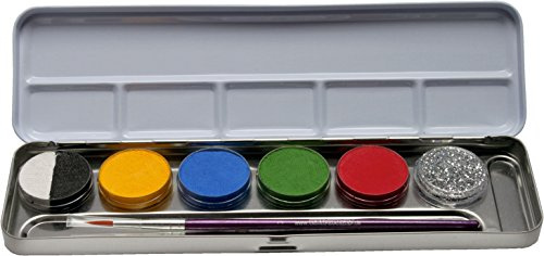 Eulenspiegel 206201 - Metall-Palette 6er Kombi, 5 x 3,5 ml Farbe, 1 Glitzer und 1 Pinsel, Schminkfarben | Metall-Palette mit 6 wasserbasierten Schminkfarben, 1 Glitzer & Pinsel, für Karneval & Mottopartys