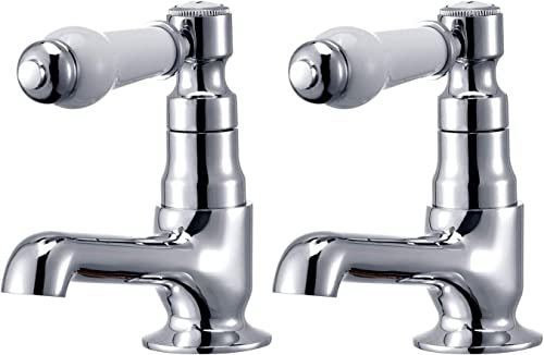 Hapilife Basin Pillar Taps Pair Mixers Victorian Traditional Twin Bathroom Sink Tap White Ceramic Lever Two Cloakroom Tap Chrome 2 Holes Mono Hot and Cold Water G1/2’’